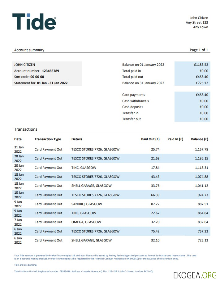 Relevé bancaire Tide du Royaume Uni, modèle Word et PDF